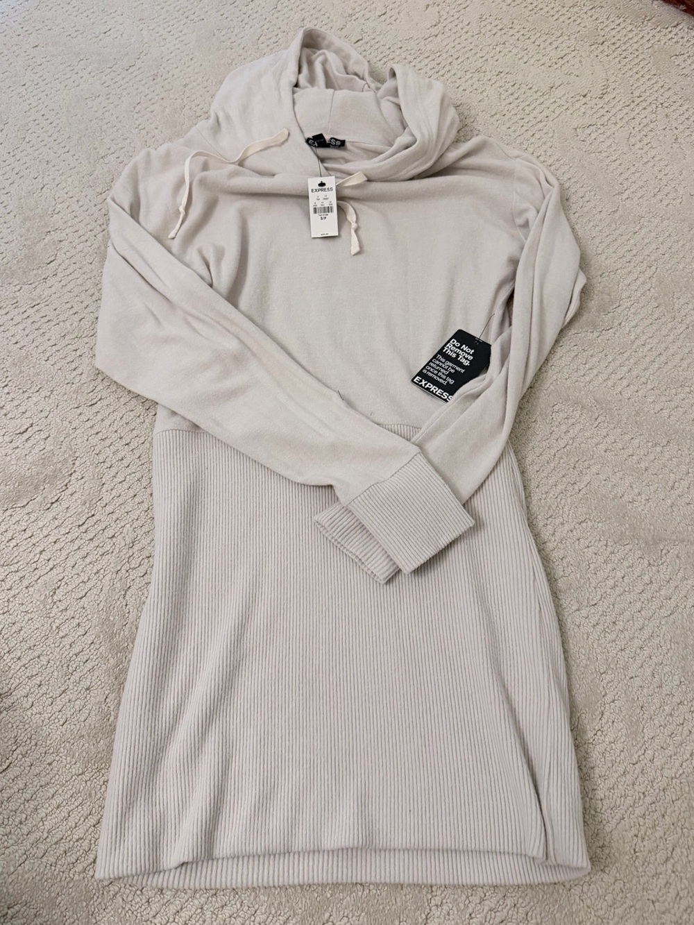 Express Soft Cream Tunic Swear Hoodie Dress XS NWT